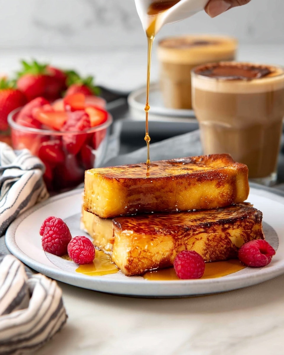 A white plate sits on a white marbled surface holding a stack of five golden brown rectangular toast slices with a shiny, slightly crisp surface. Around the toast are seven fresh red raspberries adding a pop of color. Behind the plate are two cups filled with light brown frothy coffee, one larger cup to the right and a smaller one slightly blurred to the left. A clear glass bottle with a dark liquid and a red and white stopper is also placed behind the plate. To the left, a striped white and dark cloth napkin rests casually near the plate. photo taken with an iphone --ar 4:5 --v 7