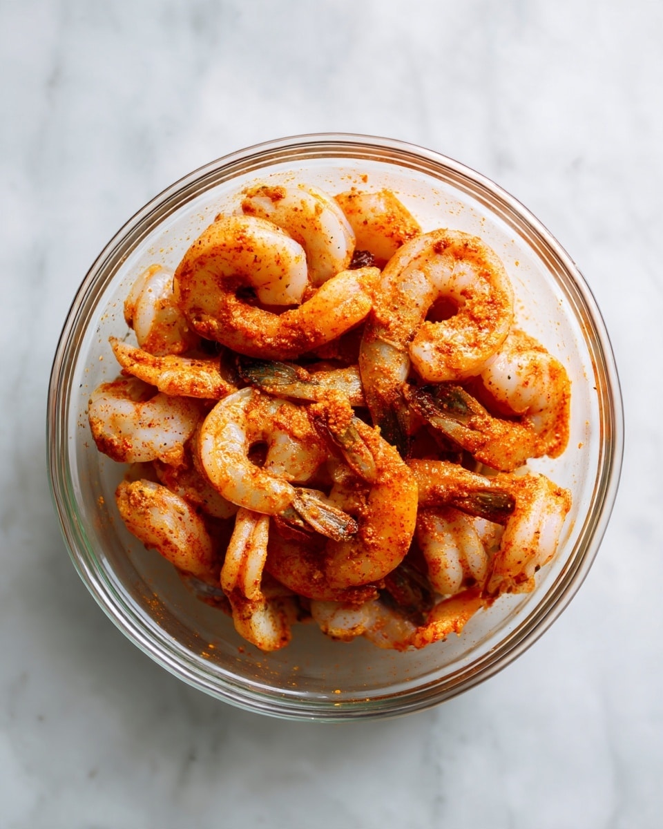 A clear glass bowl filled with uncooked shrimp covered in a reddish-orange seasoning, showing many pieces lightly coated with spices. The shrimp are curved, pale with a slight gray tint, and some have tails visible. The bowl is placed on a white marbled surface. photo taken with an iphone --ar 4:5 --v 7