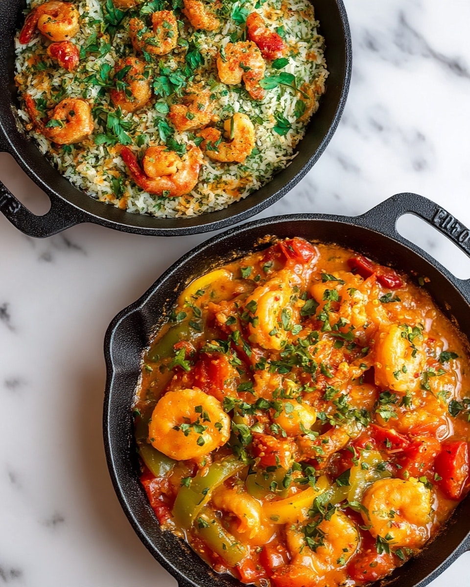 The image shows two black cast iron pans placed on a white marbled surface. The top pan contains a mixture of rice, green herbs, and pieces of shrimp with a light reddish sauce, all layered evenly with the green herbs topping the rice and shrimp. The bottom pan is filled with a rich, colorful shrimp dish featuring multiple layers: at the base, a creamy sauce with slices of yellow and green peppers and chunks of tomato, all topped with large shrimp and chopped green herbs scattered over the entire dish. The colors range from light orange, red, yellow, and green, contrasting with the dark pan and clean background. Photo taken with an iphone --ar 4:5 --v 7