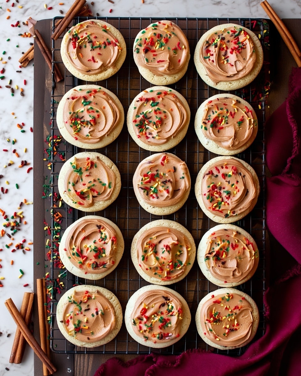 Fifteen round cookies are neatly arranged in three columns and five rows on a dark wire cooling rack placed on a white marbled surface. Each cookie has a base layer of light beige, slightly textured cookie dough. On top, there is a thick single layer of light brown frosting swirled smoothly with soft peaks. Colorful sprinkles in red, green, yellow, orange, and dark brown scatter unevenly on each frosted cookie, adding bright spots of color. Two cinnamon sticks and a beige vanilla bean pod are placed on the left side, with some extra sprinkles scattered around. The bottom right corner shows a burgundy cloth. Photo taken with an iphone --ar 4:5 --v 7