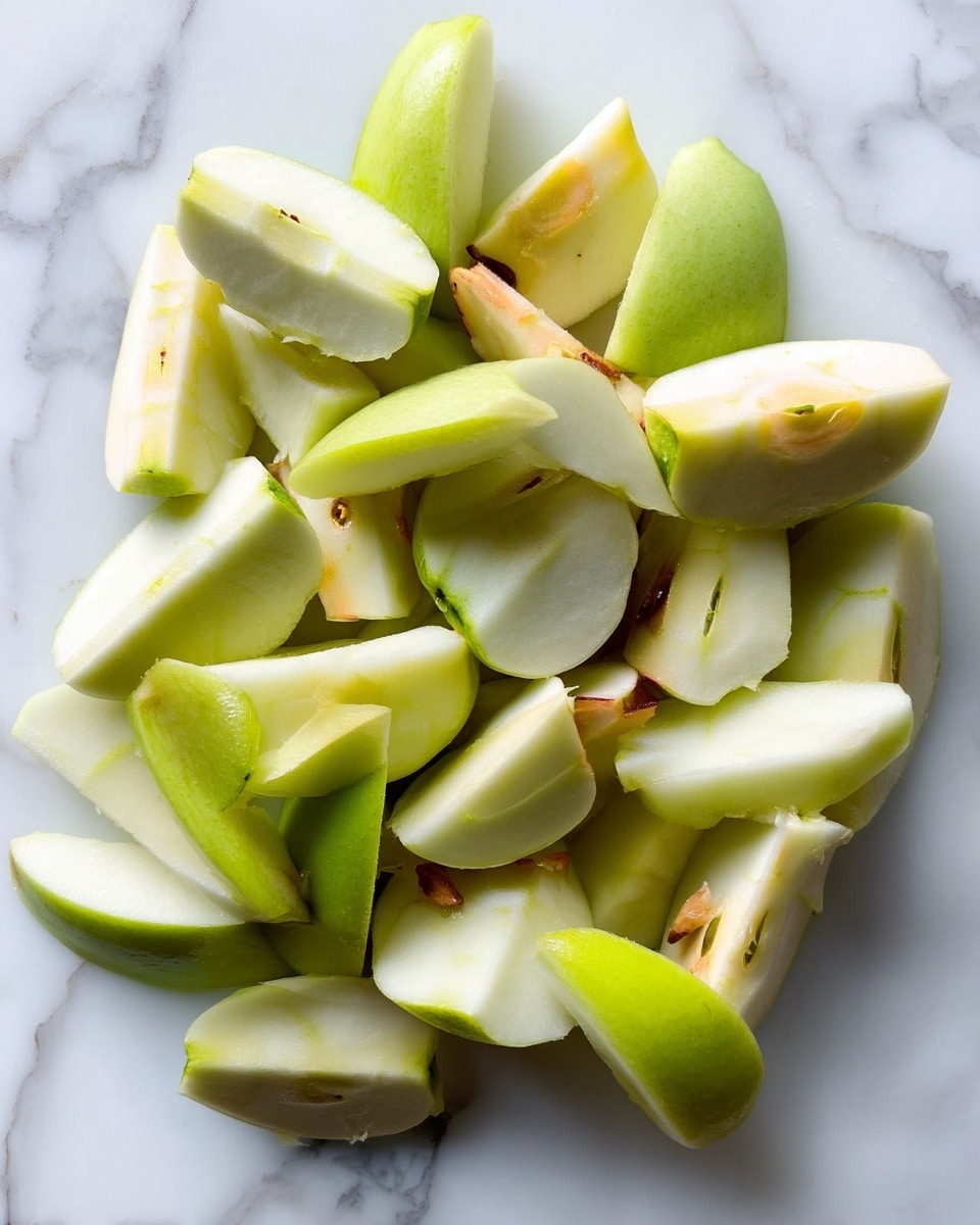 A close-up image showing many peeled apple pieces piled together on a white marbled surface. The apple pieces have a light greenish-white color with some pale yellow and light brown seeds visible. The texture looks smooth with soft edges from peeling. The lighting highlights the shiny surface of the apples. photo taken with an iphone --ar 4:5 --v 7