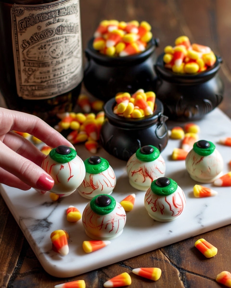 The image shows a group of round candy treats styled like eyeballs placed on a dark wooden surface replaced with a white marbled texture. Each eyeball has three main layers: a smooth white base layer representing the eyeball, a green ring resembling the iris on top, and a shiny black circle in the center representing the pupil. Red squiggly lines decorate the white base, mimicking blood vessels. Scattered around the eyeballs are small candy corns with yellow, orange, and white colors. In the upper left corner, a black cauldron filled with candy corn is visible. The scene has a lively, festive feel with a focus on the eyeball candies photo taken with an iphone --ar 4:5 --v 7