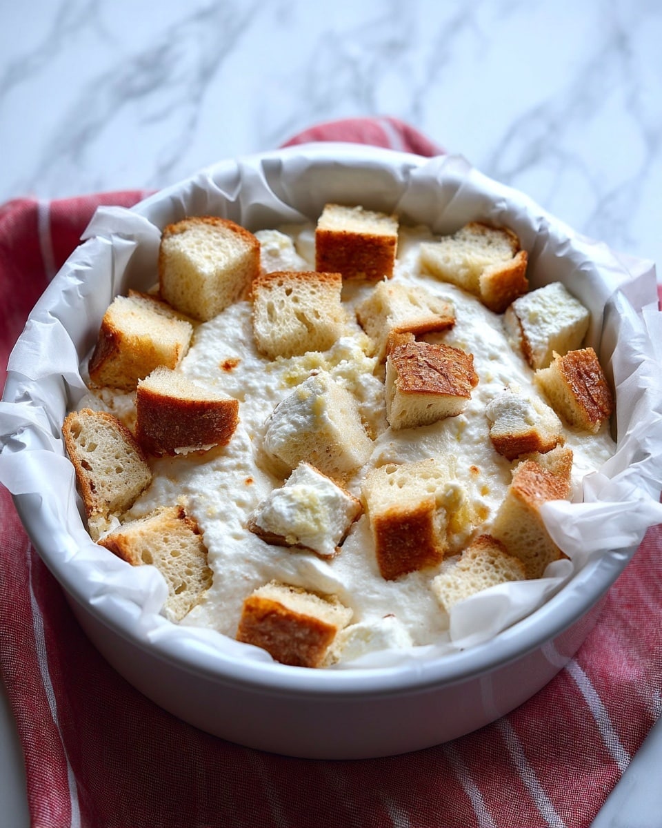 The image shows a round white baking dish lined with white parchment paper, filled with a thick, fluffy, white mixture that covers uneven chunks of light brown toasted bread peeking through in some spots. The surface has a soft and slightly bumpy texture with a few small golden brown spots where the bread is exposed. The dish sits on a white marbled surface with a hint of a red and white cloth underneath, creating a cozy kitchen feel. photo taken with an iphone --ar 4:5 --v 7
