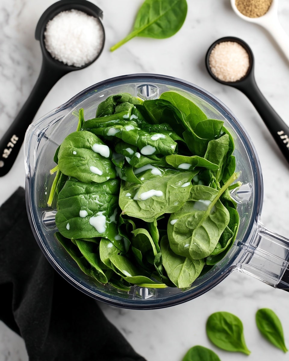 A clear blender container filled with fresh spinach leaves showing different shades of green with a few light drops of white liquid sauce on top, placed on a white marbled surface. Around the blender, there are black measuring spoons with white contents inside, one containing coarse salt and another with a beige powder. A black cloth is partially visible on the left side, and a few loose spinach leaves lay scattered on the marbled surface. Photo taken with an iphone --ar 4:5 --v 7