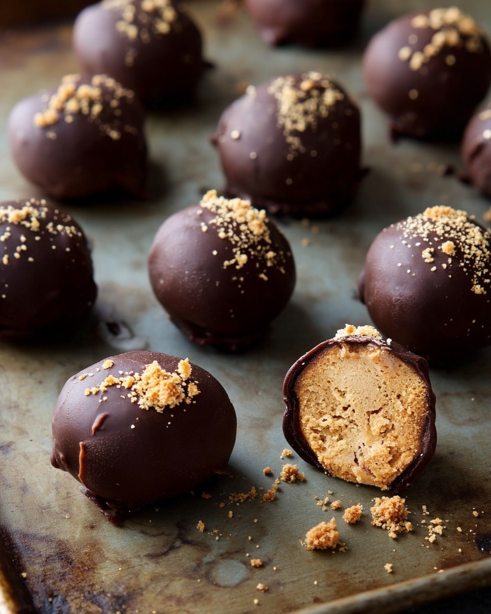 The image shows round chocolate covered treats arranged loosely on a white marbled surface. Each treat has a smooth, dark brown chocolate outer layer with a slight shine and small golden crumbs sprinkled on top. One treat is cut in half, revealing a light tan, dense inner layer that contrasts with the dark chocolate shell. The treats appear soft and rich, with the chocolate coating slightly uneven to show their handmade nature. photo taken with an iphone --ar 4:5 --v 7