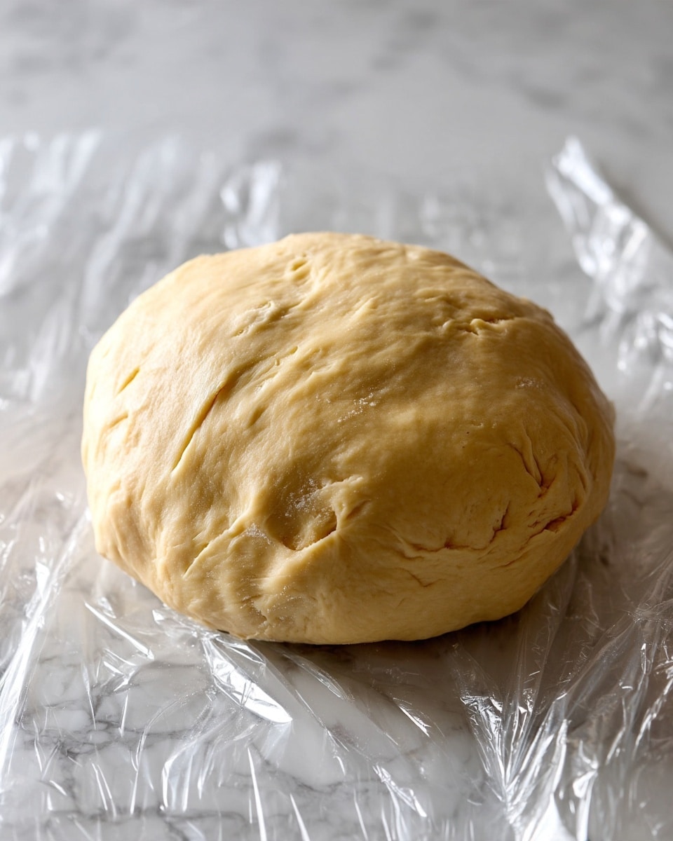 A round dough ball with a smooth, slightly cracked surface rests on a shiny plastic wrap. The dough is light beige in color with a soft texture, placed on a white marbled background. Photo taken with an iphone --ar 4:5 --v 7