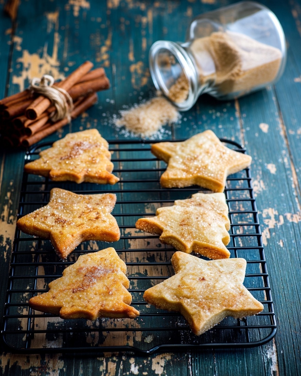 Six Christmas-shaped cookies are cooling on a black wire rack. There are three star-shaped cookies with a soft golden color and a light sprinkle of sugar on top, showing a slightly rough texture. Three tree-shaped cookies share the same color and light sugar dusting, with jagged edges to show the tree shape. The cookies sit on a rustic, worn blue wooden surface, with a glass jar tipped over in the back pouring light brown sugar onto the surface. A small bunch of cinnamon sticks tied with twine is in the bottom left corner. The scene looks cozy and warm. Photo taken with an iphone --ar 4:5 --v 7