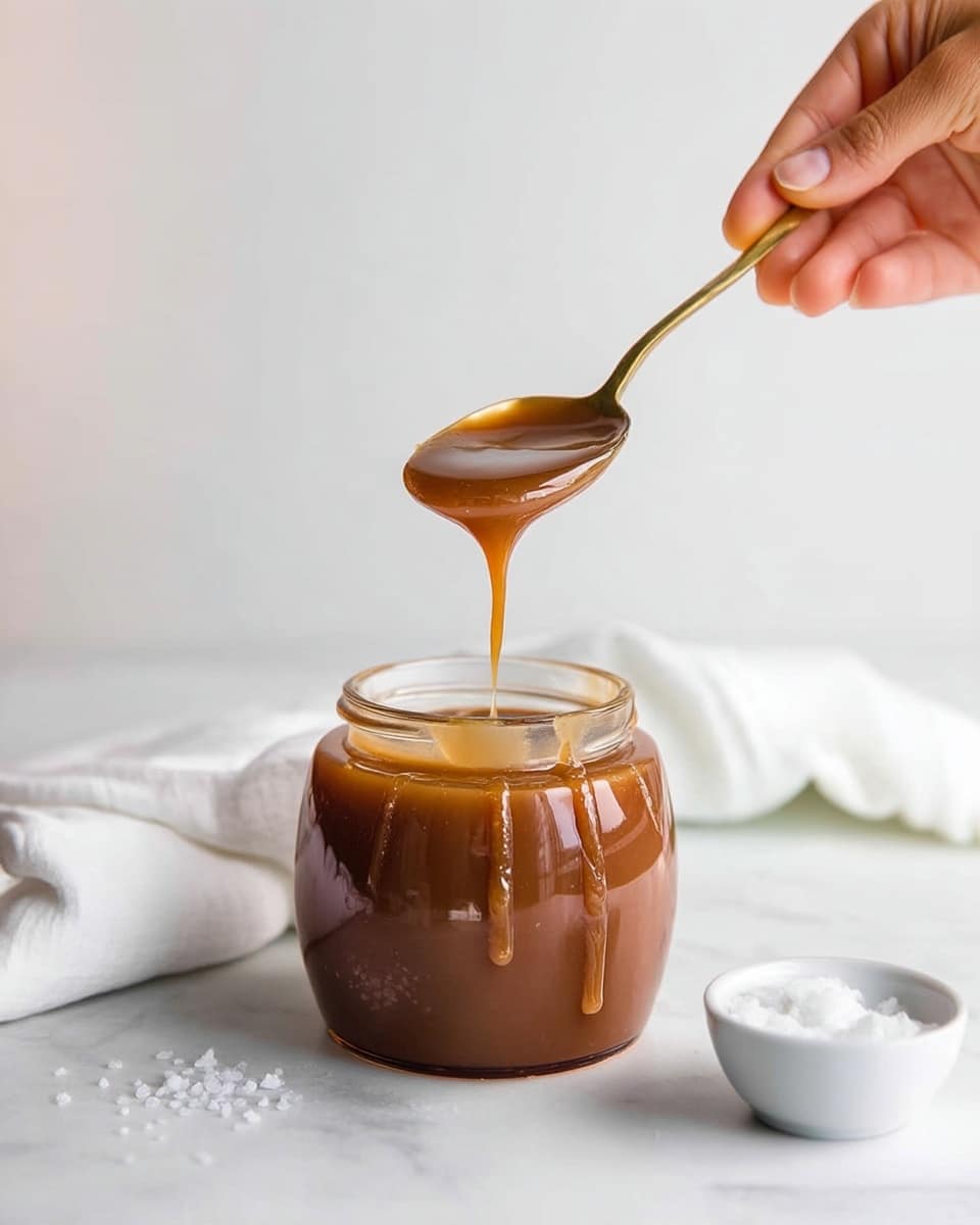A small round glass jar filled with a thick caramel sauce that is light to medium brown in color, sitting on a white marbled surface. A woman's hand holds a golden spoon above the jar, with caramel slowly dripping down in a thin stream back into the jar. The jar has some caramel dripping down its side. Behind the jar, there is a soft white cloth casually spread out. In the foreground, a small white bowl with coarse salt is partially visible. The background is plain white, creating a clean and minimal look. photo taken with an iphone --ar 4:5 --v 7