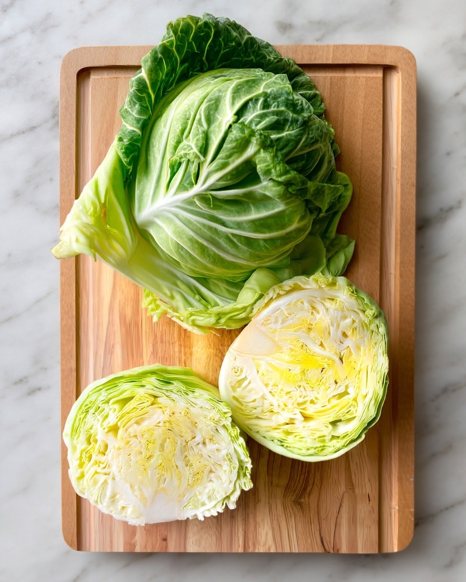 The image shows a wooden cutting board with three pieces of cabbage on it. There are two halves of cabbage placed one near the other at the lower part of the board, showing the pale yellow layers inside mixed with light green outer leaves. At the top is a single large green cabbage leaf, curving gently with visible ribs and veins. The wooden board has a smooth texture and light brown color. The background is a white marbled surface. photo taken with an iphone --ar 4:5 --v 7