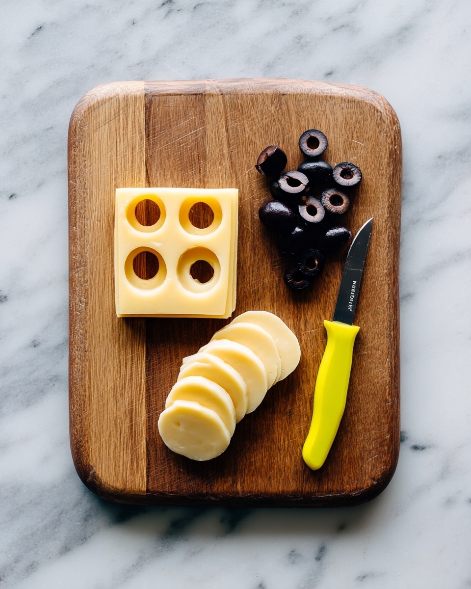 A wooden cutting board rests on a white marbled surface. On the left side of the board, there is a square piece of pale yellow cheese with round shapes cut out of it, beside five evenly sliced round cheese pieces forming a small stack. To the right of the cheese, there is a small pile of black and dark brown sliced olives. On the far right side of the board, a small knife with a bright yellow handle lies flat. photo taken with an iphone --ar 4:5 --v 7
