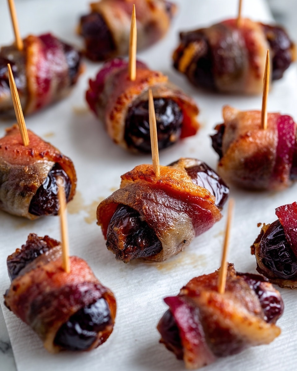 The image shows several pieces of small stuffed dates wrapped with cooked bacon, each secured with a wooden toothpick, arranged in neat rows on white parchment paper over a white marbled surface. The bacon is golden brown and slightly crispy with a shiny texture, while the dates underneath are dark purple and wrinkled, giving a contrast of colors and textures. The pieces are closely packed, with the focus on the front piece, causing the background pieces to blur softly. photo taken with an iphone --ar 4:5 --v 7