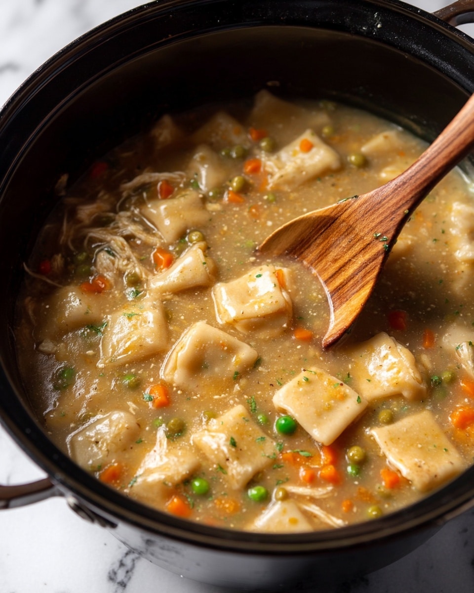 The image shows a close-up of a soup in a black pot on a white marbled surface. The soup includes small square-shaped dough pieces in light beige color floating in a thick broth. Inside the broth, shredded light-colored chicken and small bits of orange carrots and green peas are visible, adding texture and color. A wooden spoon is stirring the soup, and the spoon's surface is moist with broth and small herbs. The overall look is warm and hearty with a mix of soft and chunky textures. Photo taken with an iphone --ar 4:5 --v 7