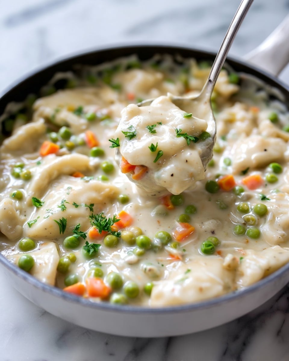 The image shows a close-up of a white bowl filled with thick chicken and vegetable stew. The stew has multiple layers: the first layer is a creamy white broth, slightly glossy; mixed in are shredded pieces of white chicken meat. Scattered throughout are bright orange carrot cubes, round green peas, and small bits of bacon or ham in a pale pink color. The top visible layer includes whole small, pale yellow potatoes and some green parsley leaves for garnish. The bowl sits on a white marbled surface, and in the background another bowl with the same stew is slightly blurred. photo taken with an iphone --ar 4:5 --v 7