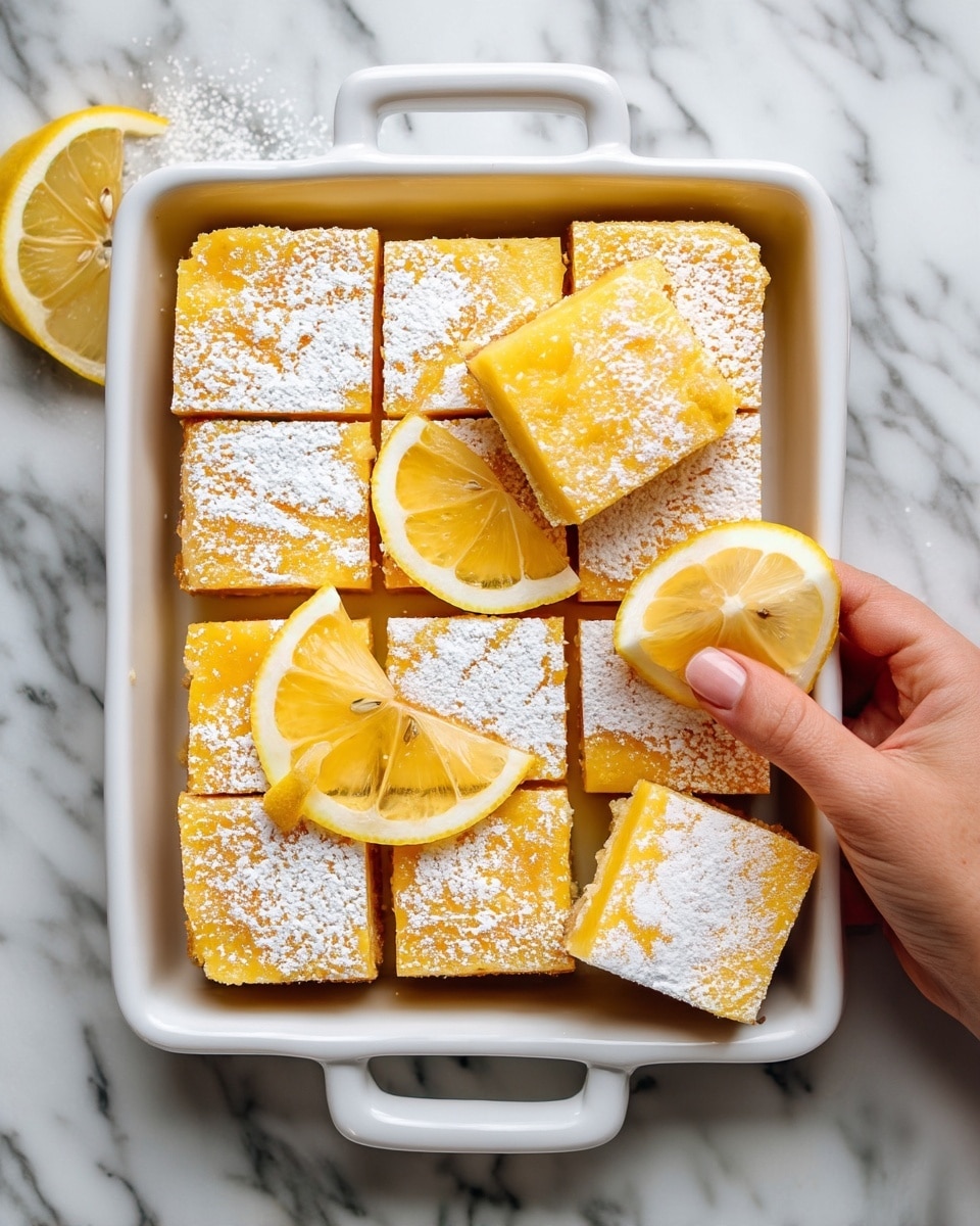 The image shows a white rectangular dish filled with lemon bars, cut into square pieces arranged in a grid. Each lemon bar has two layers: a bottom light golden crust and a thick top layer of bright yellow lemon filling. The surface of the lemon bars is dusted with white powdered sugar. Several lemon slices with bright yellow skin and pale yellow flesh are placed on top of the bars for decoration. One woman’s hand is gently holding a lemon slice on the bars. The dish is placed on a white marbled surface. Photo taken with an iphone --ar 4:5 --v 7