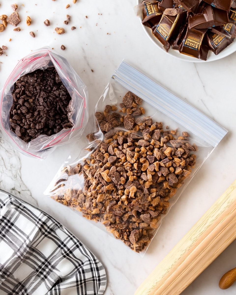 The image shows a clear plastic bag filled with small brown and pale tan chunks of chocolate toffee mixture spread out evenly. Nearby on the white marbled surface, there is another open clear plastic bag filled with dark brown chocolate pieces. A folded checkered kitchen towel is partially visible in the bottom left corner, and part of a light-colored wooden utensil rests to the right. The whole scene is bright and clean, focused on the plastic bag with the chocolate toffee pieces. Photo taken with an iphone --ar 4:5 --v 7