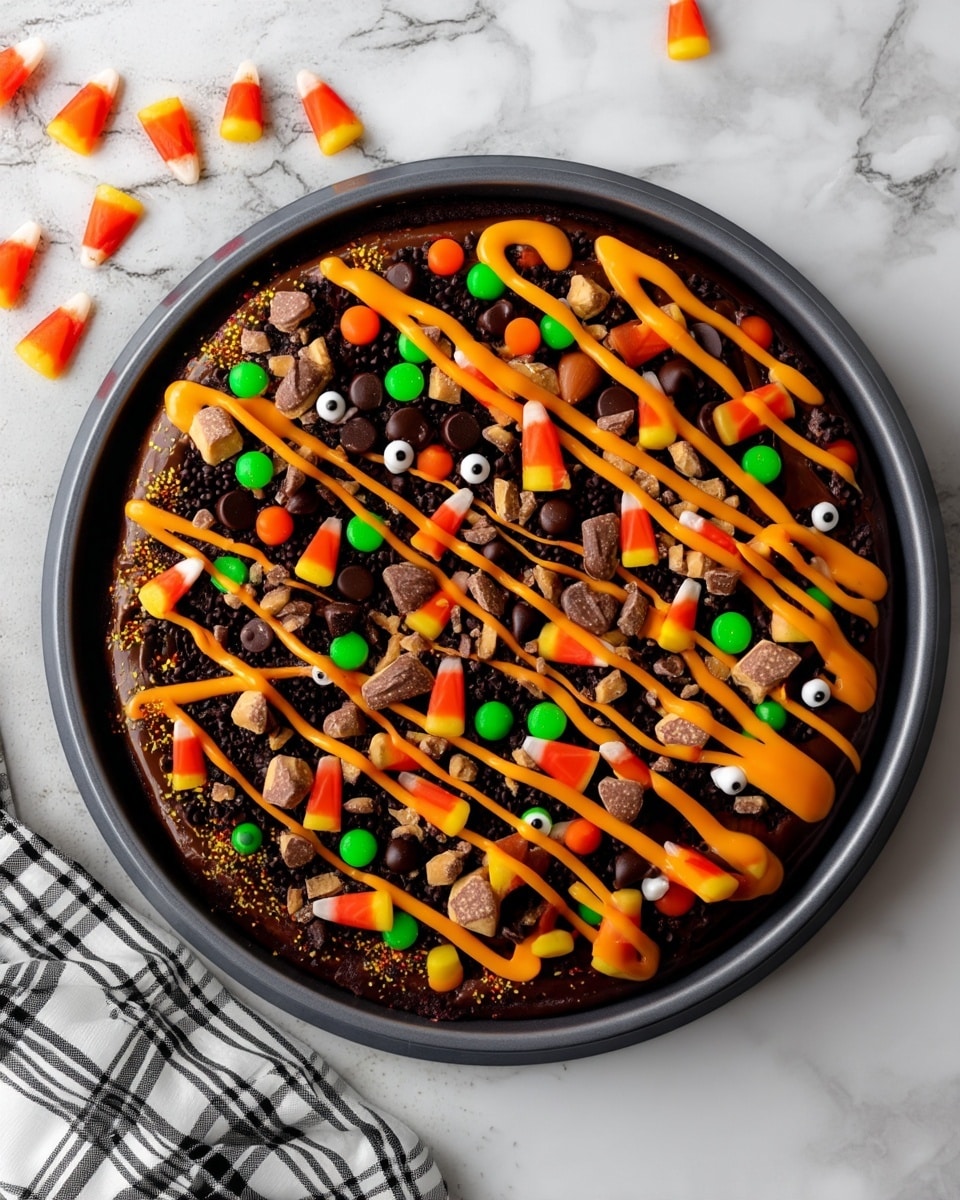 The image shows a round black pan filled with a dark chocolate base as the bottom layer. On top, there is an evenly spread layer of bright orange drizzle that zigzags over the entire surface. Scattered across the dish are small colorful candies: green, orange, and brown pieces, candy corn with orange, yellow, and white colors, and little white round candies with single black dots in the center resembling eyes. There are also small chunks of chocolate mixed in, adding texture. The pan is placed on a white marbled surface, and a black and white checkered cloth is partially visible near the bottom left edge. photo taken with an iphone --ar 4:5 --v 7