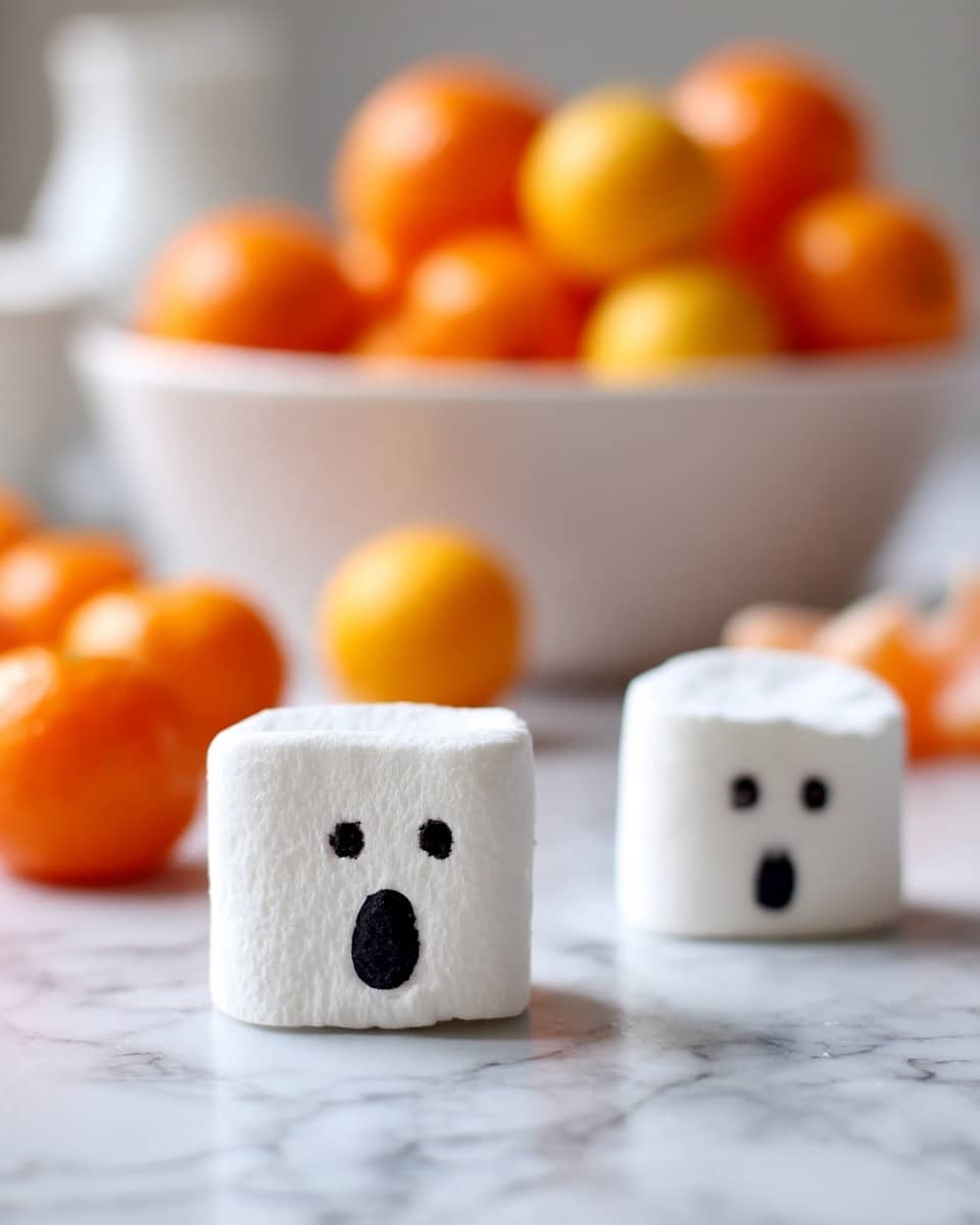 The image shows two white marshmallows standing on a white marbled surface, each with small black eyes and a surprised open mouth drawn on their front faces. The marshmallow in the front is clear and in focus, while the one behind is slightly blurred. In the background, there is a white dish filled with bright orange round fruits, and another white bowl that is out of focus. The scene is bright with soft lighting and a clean, minimal look. photo taken with an iphone --ar 4:5 --v 7