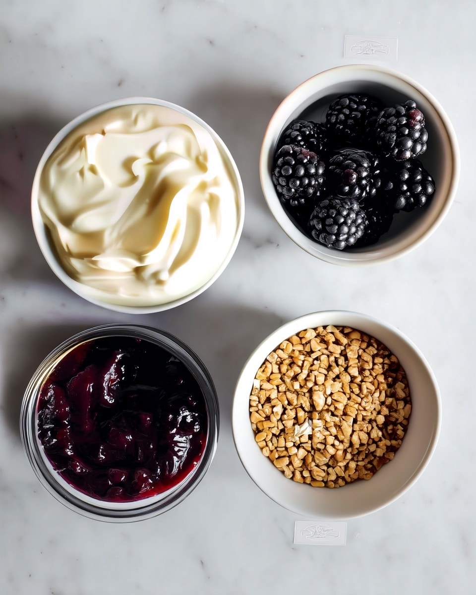 The image shows four small white bowls on a white marbled surface, each containing different ingredients. The top left bowl holds creamy, smooth vegan yogurt in a pale off-white color with soft swirls. To its right, the top right bowl contains a cluster of shiny blackberries, deep black-purple with a slightly bumpy texture. Below the yogurt, the bottom left bowl has dark purple blackberry jam, thick and glossy with visible small seeds. The bottom right bowl is filled with raw buckwheat groats, small, light brown to tan colored with a dry, grainy texture. Each bowl is neatly arranged with clear labels near them. Photo taken with an iphone --ar 4:5 --v 7