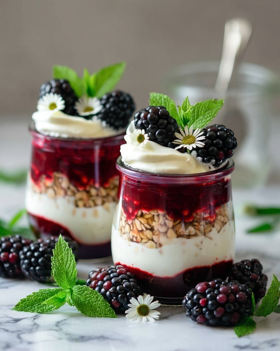 The image shows two small clear glass jars filled with a three-layer dessert. The bottom layer is a deep red berry sauce, followed by a middle layer of white creamy yogurt or cream. Above this is a layer of small crunchy oats or granola, topped again with a layer of red berry sauce, and finished with a swirl of white cream on top. Each jar is decorated with large dark blackberries, fresh green mint leaves, and small white edible flowers. In front of the jars, a few extra blackberries and mint leaves rest on the white marbled surface. In the background, a blurred glass container with a spoon can be seen. The photo taken with an iphone --ar 4:5 --v 7