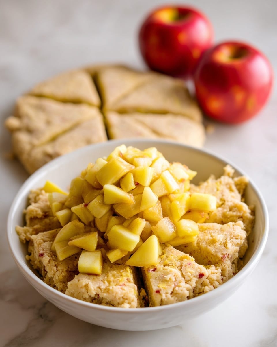 A white bowl filled with a dough mixture at the bottom, rough and crumbly in texture, topped with a large pile of yellow chopped apple pieces that are fresh and juicy. Behind the bowl, two red apples are slightly blurred on a white marbled surface. Next to this, a round dough, flattened and rough in texture, is placed directly on the white marbled surface. The dough is divided into eight equal triangular slices with visible apple pieces inside. Photo taken with an iphone --ar 4:5 --v 7