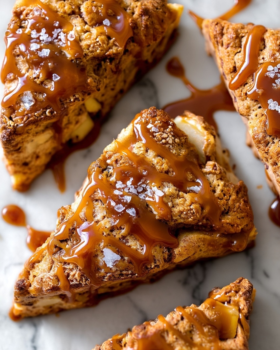 The image shows a close-up of a triangular scone with a crumbly brown top layer and visible small apple chunks inside. The top is drizzled with light brown caramel sauce, which also pools slightly at the bottom on the parchment paper. The scone rests on a beige parchment paper surface with a few grains of coarse sugar sprinkled on top. In the background, there are partial views of other scones and two red apple slices with white flesh placed on the parchment. The overall colors include warm browns, golden caramel, and soft reds. Photo taken with an iphone --ar 4:5 --v 7