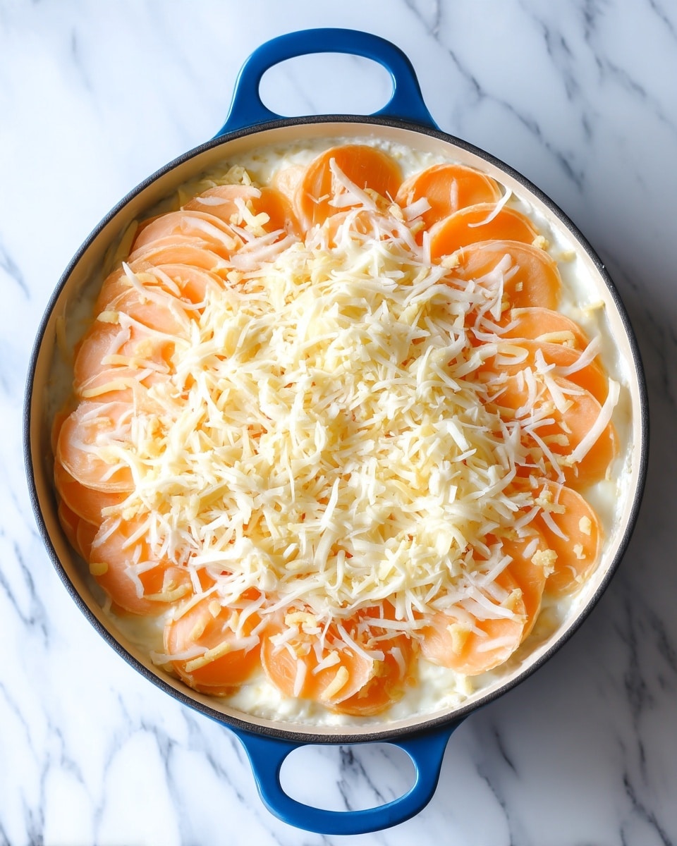 A round blue pot filled with a layered dish. The bottom layer appears creamy and light in color, topped with a layer of thin, pale orange slices arranged in a circular pattern. On top of the orange slices is a generous amount of shredded white and pale yellow cheese spread evenly. The pot is placed on a white marbled surface. photo taken with an iphone --ar 4:5 --v 7