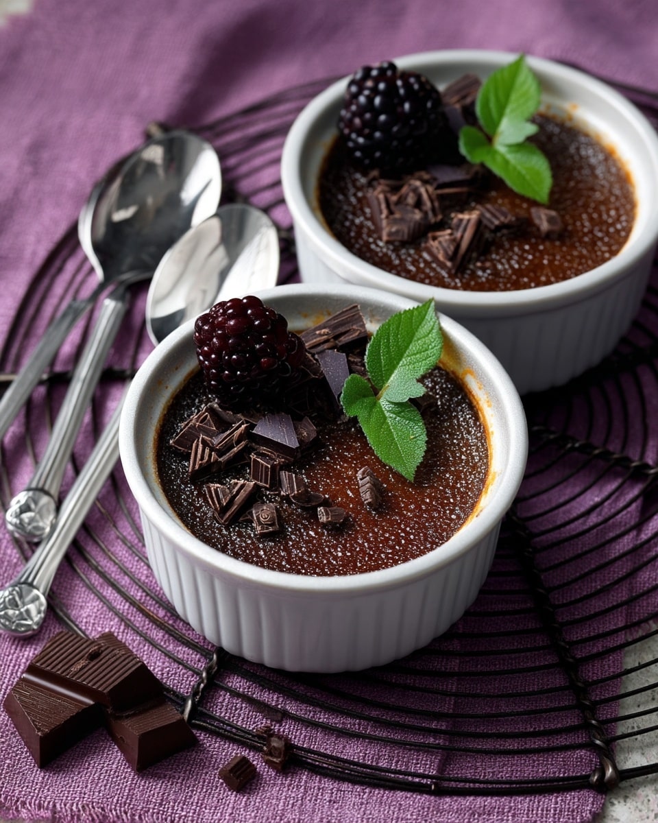 The image shows two white ramekins filled with a dark brown dessert that has a shiny, slightly textured surface. Each ramekin is topped with a cluster of dark chocolate pieces, a fresh blackberry, and a small green leaf, placed near the edge of the dessert. The ramekins are set on a round black wire rack, which rests on a purple cloth with a slightly rough texture. Two silver spoons with simple patterned handles are placed next to the ramekins, resting partly on the purple cloth and the white marbled surface. Small pieces of chocolate are scattered near the bottom left corner of the image. photo taken with an iphone --ar 4:5 --v 7