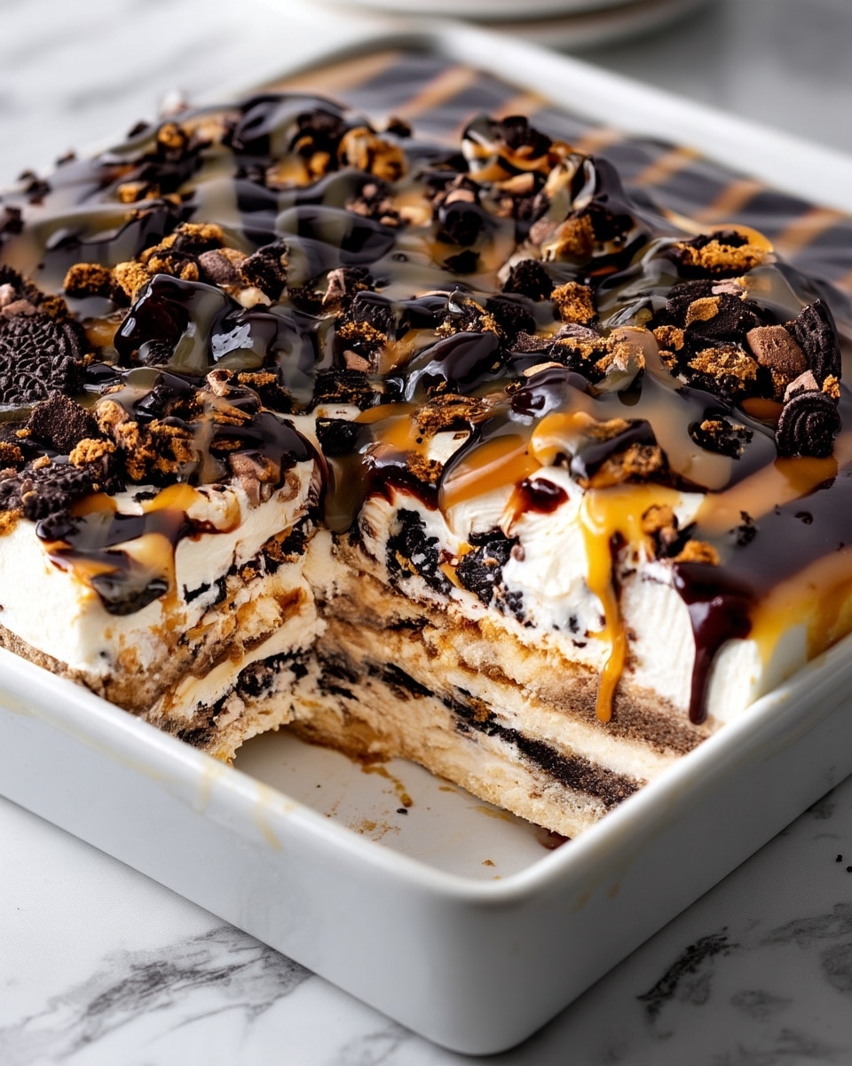 A close-up shows a fork holding a creamy layered dessert square with visible layers of light brown cake and white cream mixed with small dark cookie crumbs throughout. Behind it, a stack of more dessert squares sits on a white plate on a white marbled surface, with a blurred cup of black coffee in a white cup in the background. The dessert looks soft and textured, with the layers clearly visible and some crumbs scattered nearby. photo taken with an iphone --ar 4:5 --v 7