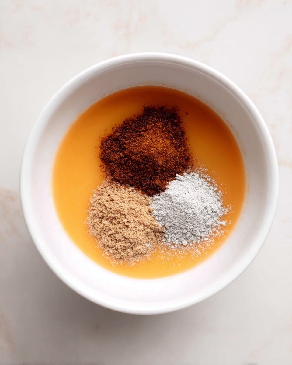 A white bowl on a white marbled surface holds a liquid base colored light orange with a smooth texture. In the center of the bowl, three separate piles of dry spices rest: one dark brown, one light brown, and one white powder, each forming a small mound on top of the orange liquid. The bowl is viewed from above, showing the layers clearly. photo taken with an iphone --ar 4:5 --v 7