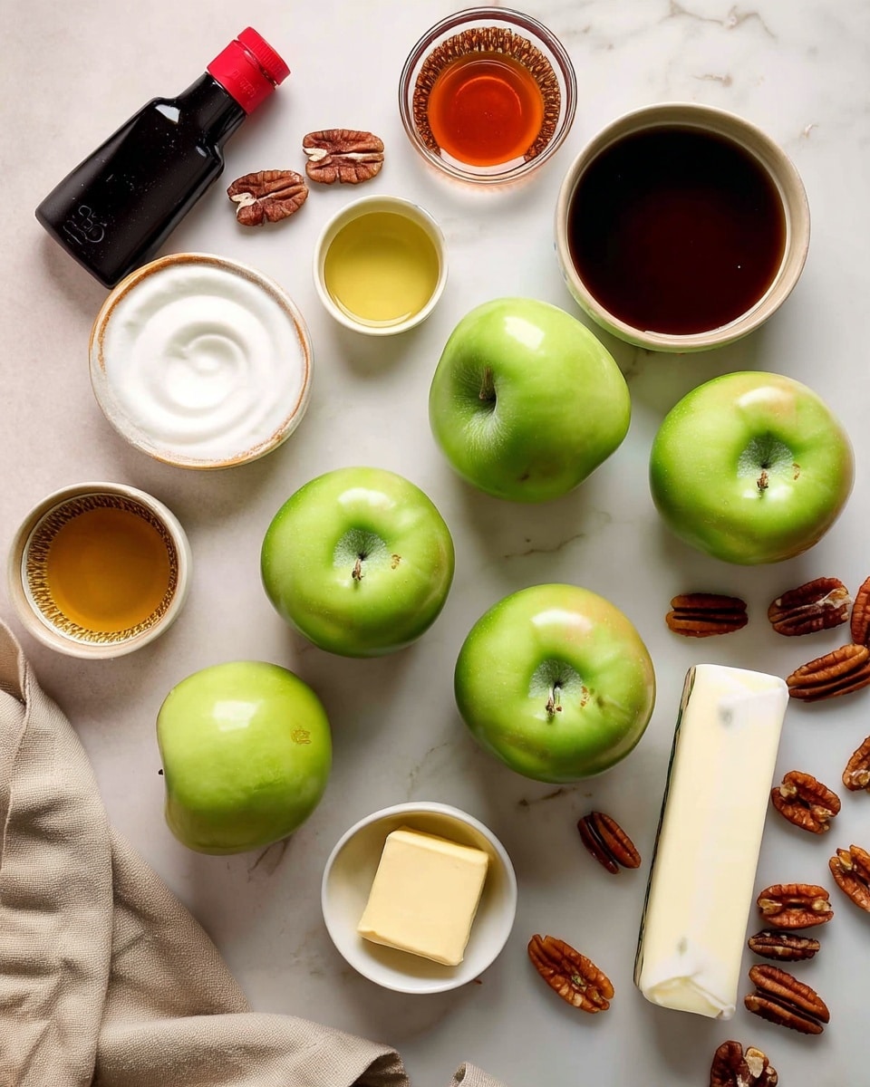 The image shows ingredients for a dish arranged neatly on a white marbled surface. There are five bright green apples placed in the center and right side of the image. On the left side, there is a rolled light beige dough sheet standing vertically. Small bowls with different ingredients are spread around the apples: one bowl with white cream, one with dark brown liquid, one with amber syrup, and one with a clear powdery substance. A stick of light yellow butter lies on the right side of the apples. On the top left, there is a small dark bottle with a red cap. Scattered around the apples and bowls are multiple pecan nuts, some whole and some broken. A single brown egg is positioned near the top right corner. A beige cloth is partly visible in the bottom left corner. photo taken with an iphone --ar 4:5 --v 7