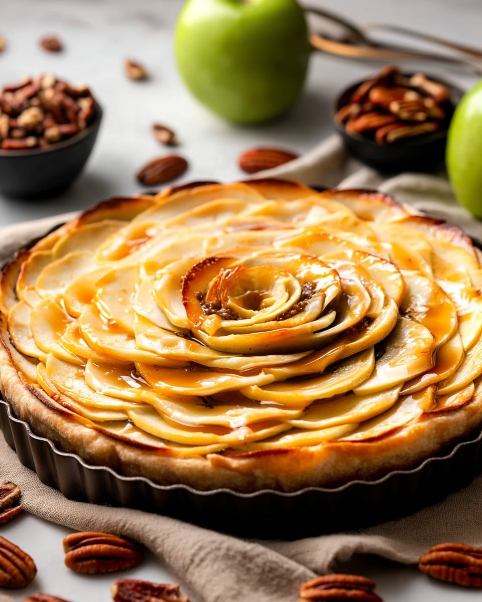 This image shows a round apple tart with thin apple slices arranged in overlapping circular layers, starting from the outside edge and spiraling inward to form a rose shape in the center. The apple slices are pale yellow with slightly browned edges and a light glossy glaze over them. Underneath the apples, there is a light brown crust with a slightly darker edge, visible around the tart. The tart is placed on a black pan, which sits on a soft beige cloth. Around the pan, there are scattered pecans, some whole and some halved, and a few green apples partially visible on a white marbled surface. In the background, there is a small black bowl filled with pecans. Photo taken with an iphone --ar 4:5 --v 7