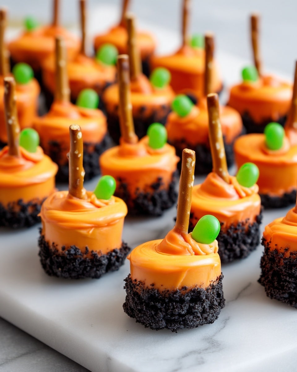 The image shows many small round treats, each with three layers. The bottom layer is a dark crumbly base, the middle and top layers are smooth and bright orange, almost like frosting covering the treat. On top of each treat, there is a small green candy placed on one side, and a thin, tall, light brown pretzel stick standing upright on the other side. The treats are arranged in neat rows on a white marbled textured surface. Photo taken with an iphone --ar 4:5 --v 7