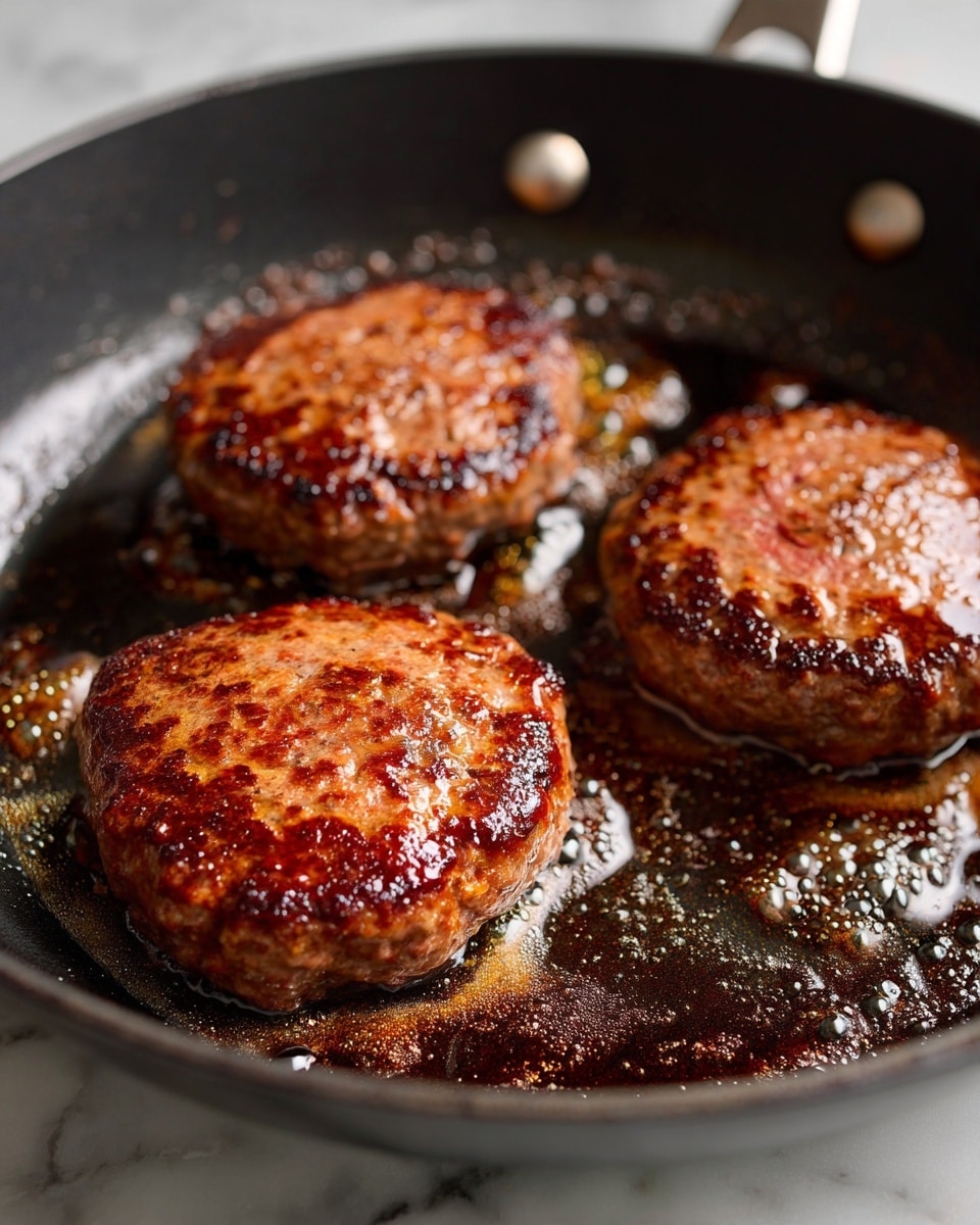 The image shows three round brown burger patties cooking in a black skillet. Each patty is thick, with a browned, slightly crispy outside and clear juices sizzling around them in the pan. The skillet has a smooth, shiny texture with some small bubbles of oil and cooking juice on the flat surface. The skillet sits on a white marbled texture surface. Photo taken with an iphone --ar 4:5 --v 7
