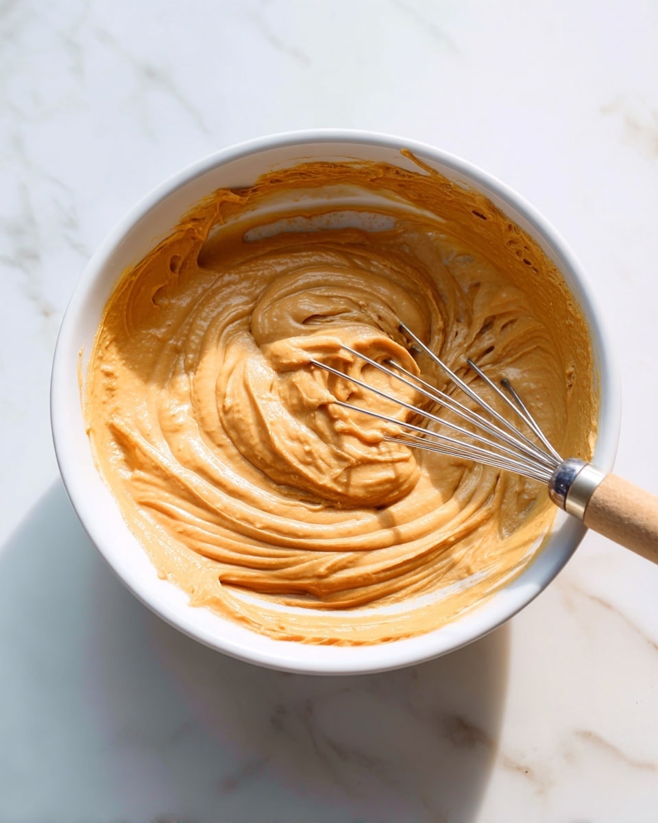 A close-up view of a white bowl filled with smooth, light brown batter. The batter is thick and creamy with soft swirls on the surface showing where it has been mixed. A metal whisk with a wooden handle is partially in the bowl on the right side, resting in the batter. The bowl sits on a white marbled surface with soft natural light creating gentle shadows. Photo taken with an iphone --ar 4:5 --v 7