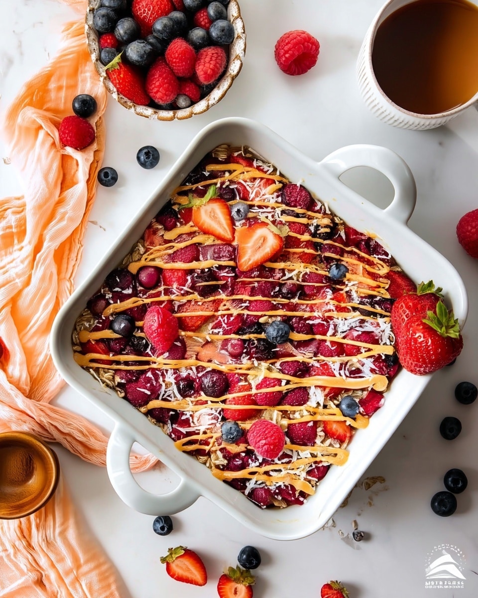 The image shows a white square baking dish with a berry dessert. The dessert has several layers: a bottom layer of oat mix, a thick middle layer filled with mixed red berries like raspberries and strawberries, and blueberries on top. The top layer is drizzled with light brown sauce and sprinkled with shredded white coconut. A piece is missing from the bottom right corner, revealing the layers clearly. Around the dish are scattered blueberries and halved strawberries on a white marbled surface. There is a light peach cloth and a small black bowl with more berries to the left, and a white plate with a gold fork to the right. Photo taken with an iphone --ar 4:5 --v 7