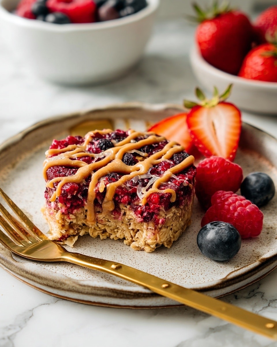 The image shows a round piece of berry granola bar on a beige speckled plate with a gold fork. The granola bar has three visible layers: the bottom layer is light beige with a rough texture from oats, the middle layer contains crushed dark red and purple berries packed tightly, and the top layer is drizzled with smooth light brown nut butter. Around the granola bar are whole and sliced strawberries, whole raspberries, and a few blueberries adding red and dark blue colors to the plate. The plate is set on a white marbled surface with a small part of a white bowl with more berries visible in the top left corner. The fork holds a small piece of the bar in front of the plate. Photo taken with an iphone --ar 4:5 --v 7