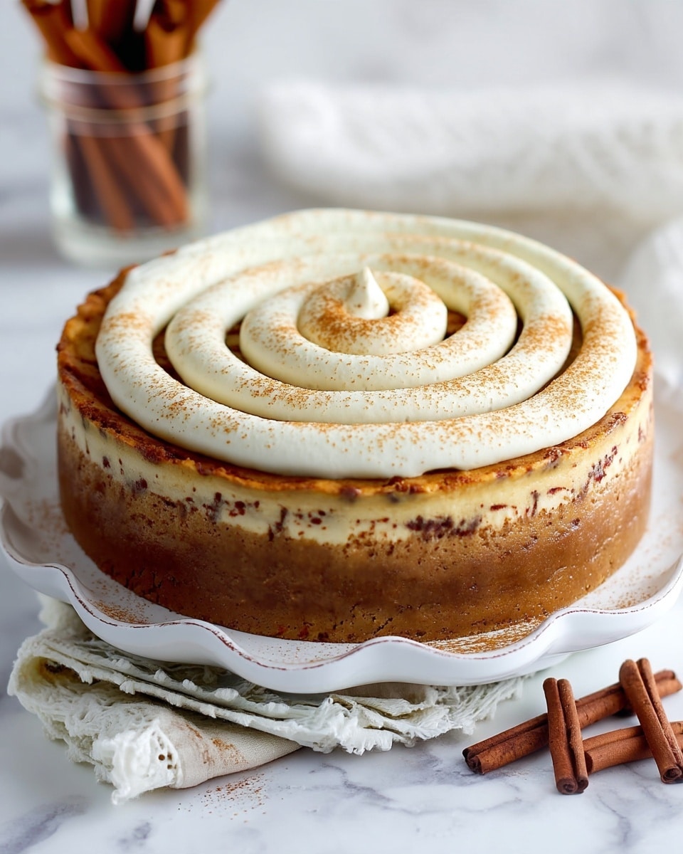 A round cheesecake with two layers sits on a white scalloped plate over a white marbled surface with a white cloth underneath; the bottom layer is thick and light brown with a crumbly texture, while the top layer is creamy off-white with small dark specks; on top, a thick white cream is piped in a spiral shape, dusted lightly with cinnamon powder; in the background, blurred cinnamon sticks stand in a glass and some lie on the surface near the plate. Photo taken with an iphone --ar 4:5 --v 7