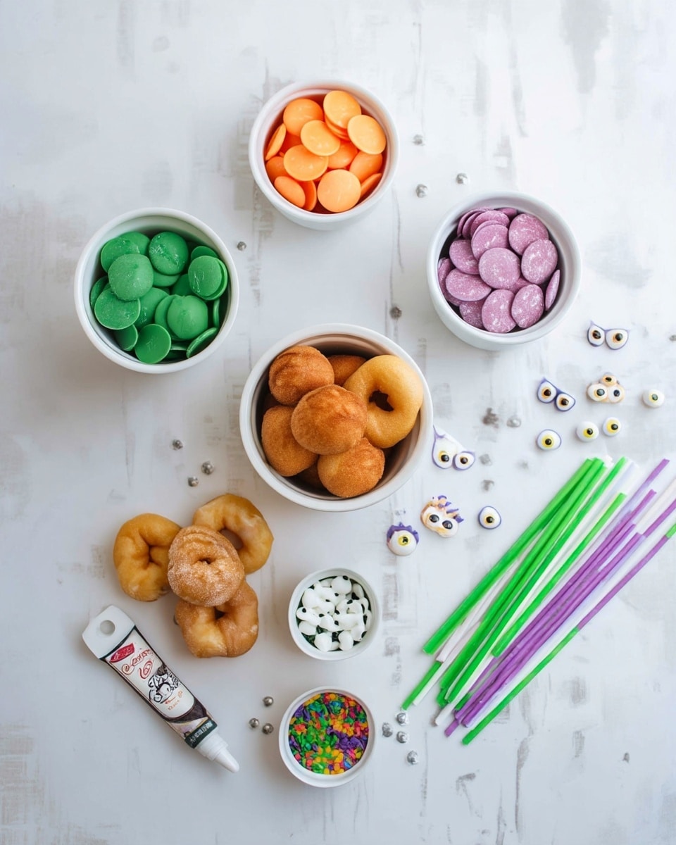 The image shows a white marbled surface with several white cups arranged in a loose circle. Each cup contains different colorful items: one has orange candy discs, another has green candy discs, a third has purple candy discs, and a fourth has round golden-brown doughnut holes. Below these cups are four small plain doughnuts stacked loosely near a tube of white writing gel. Two smaller white cups hold candy eyes and round orange, green, and purple sprinkles. To the right side, there are green, purple, and white long sticks and small decorative items resembling cartoonish eyes scattered nearby. photo taken with an iphone --ar 4:5 --v 7