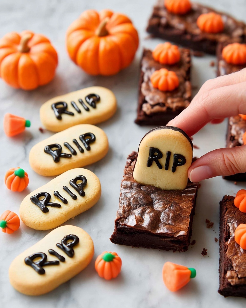 The image shows two parts: on the left, there are eight light tan tombstone-shaped cookies with