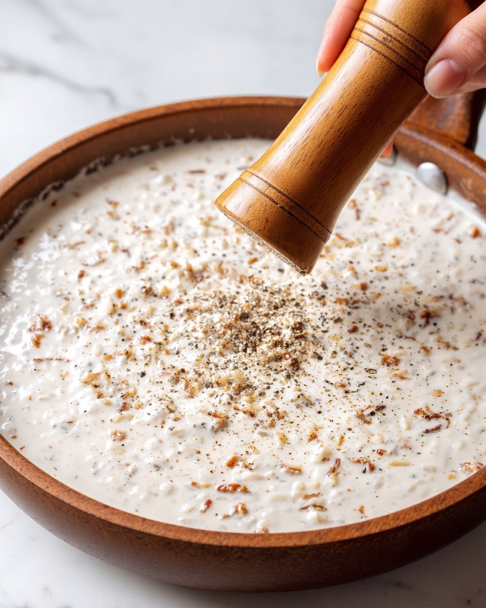 The image shows a close-up of a thick white sauce with small browned bits mixed throughout, sitting in a pan on a white marbled surface. A wooden pepper grinder held by a woman's hand is positioned in the upper right corner, sprinkling fresh black pepper over the sauce. The sauce looks creamy with a slightly grainy texture from the bits inside, and the pepper adds small dark specks on top. Photo taken with an iphone --ar 4:5 --v 7