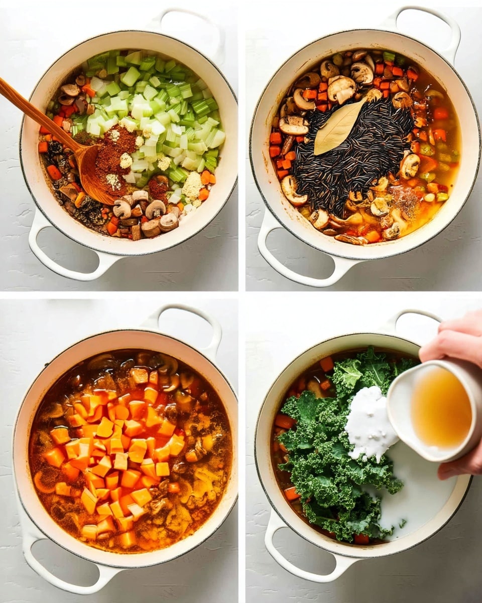 Four images show the cooking process of a vegetable stew in a white pot on a white marbled surface. In the first image, the pot holds chopped celery and carrots in green and orange, sliced mushrooms in light brown, minced garlic in white, and a reddish-brown spice mix, with a wooden spoon stirring them. The second image shows the same veggies with a large layer of black wild rice in the center, topped by a light brown bay leaf, while broth is being poured into the pot. The third image reveals the pot filled with bubbling broth and diced sweet potatoes in bright orange on top. The fourth image shows the stew with added large green kale leaves on one side and white cream on the other, with a woman's hand pouring more cream into the pot, held by a wooden spoon. Photo taken with an iphone --ar 4:5 --v 7