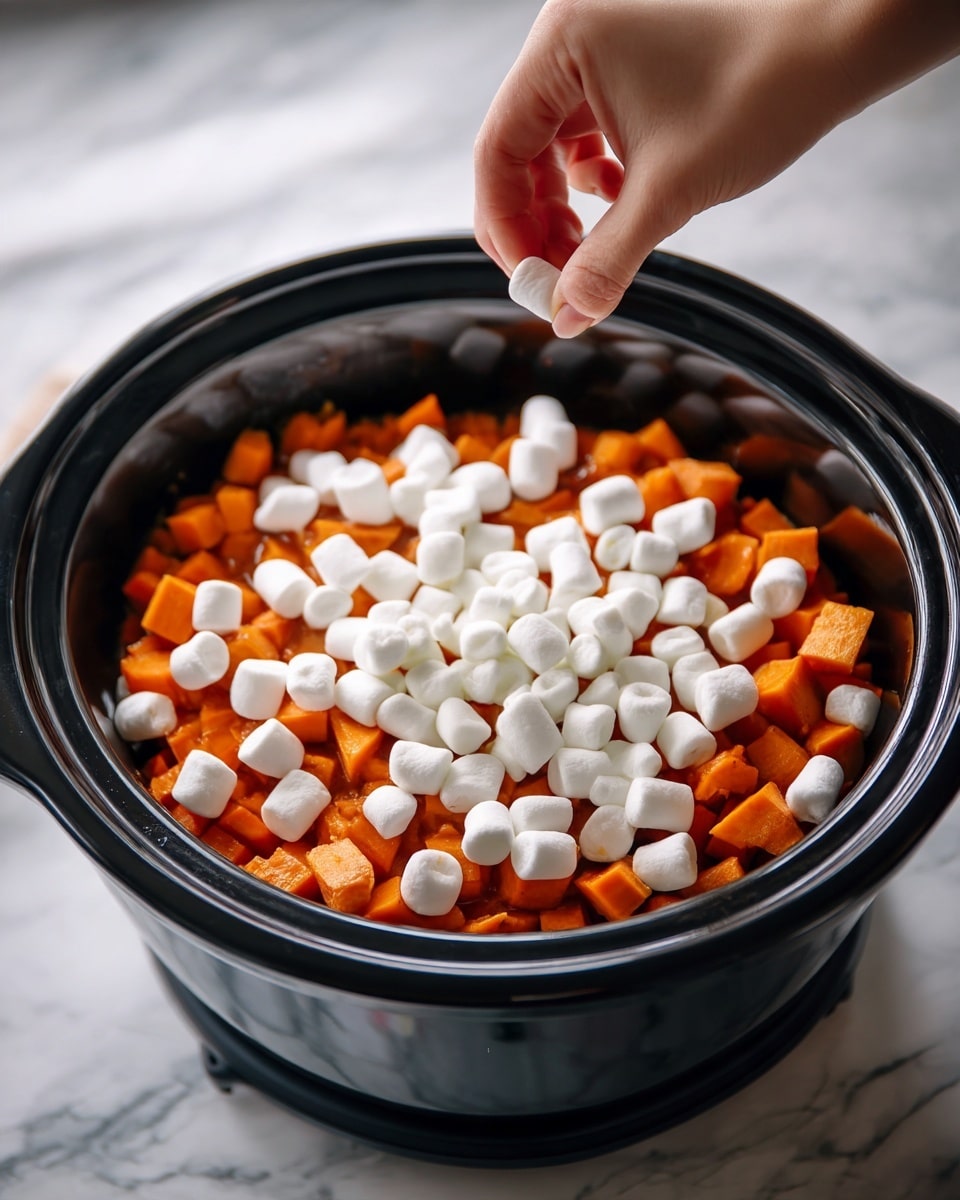 A close-up view of a black slow cooker filled with bright orange cubed sweet potatoes forming the bottom layer, topped evenly with small white marshmallows. A woman's hand is seen in soft focus on the right side, sprinkling marshmallows over the top. The background and surface are a white marbled texture. The image has warm lighting giving the sweet potatoes a rich color and the marshmallows a soft, puffy look. Photo taken with an iphone --ar 4:5 --v 7