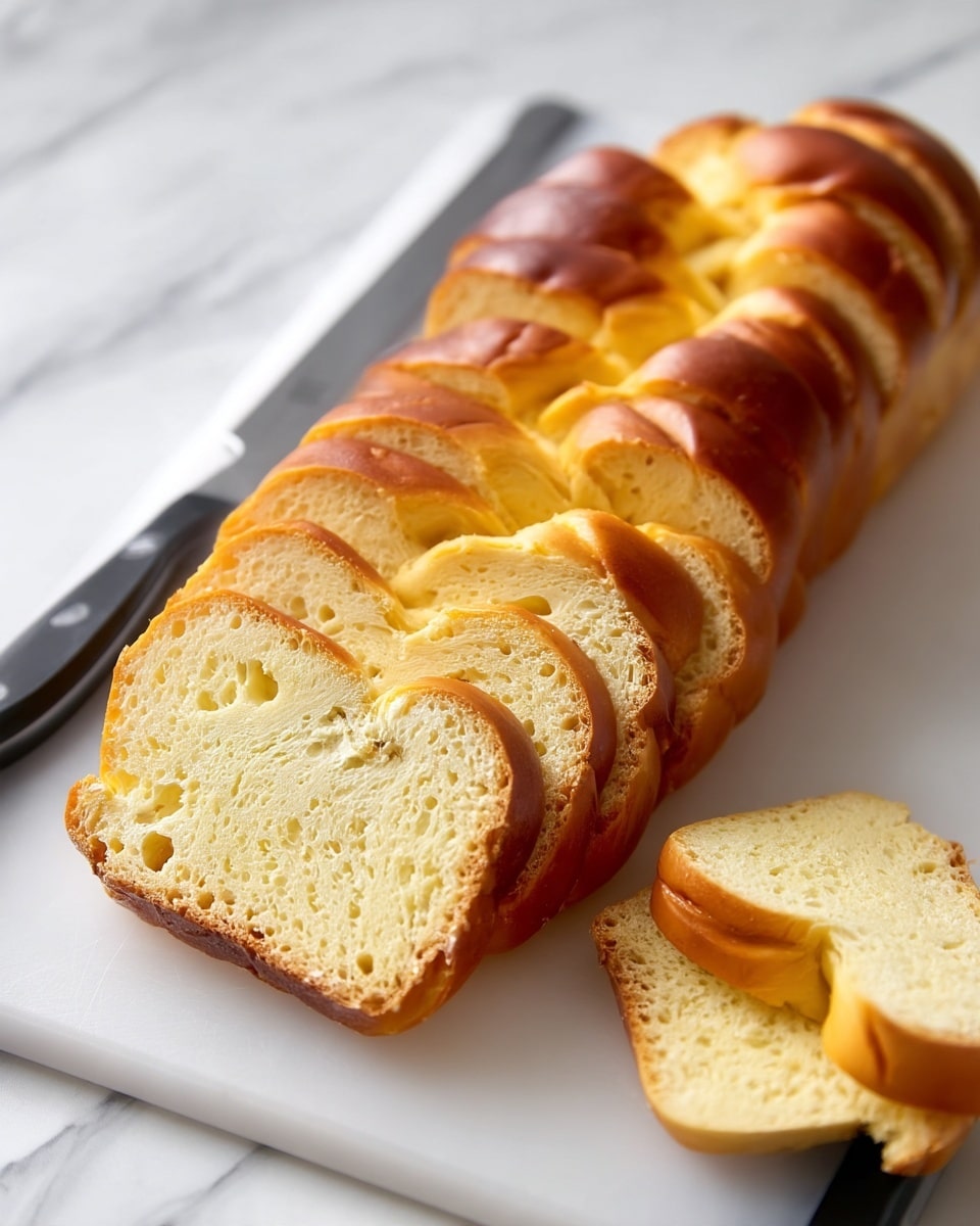 A white cutting board holds a loaf of braided bread that is sliced into thick pieces, showing a soft, light yellow inside and a shiny, golden-brown crust. The bread is arranged so that the slices fan out slightly, with two separate slices lying flat to the right side. A black-handled bread knife is placed on the white marbled surface near the cutting board. Photo taken with an iphone --ar 4:5 --v 7
