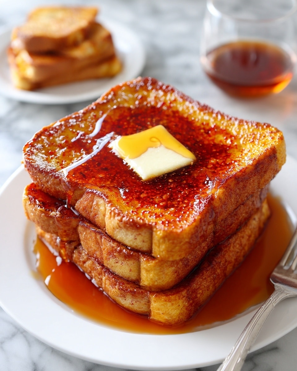 The image shows a stack of three thick slices of golden brown French toast on a white plate, each slice slightly browned and textured with a crispy edge. On top of the stack, a pat of melting butter sits in the center of the top slice, slowly spreading over its surface. Rich amber syrup is poured generously over the toast, pooling around the base and glistening in the light. In the background, there is a small white plate with several slices of toast stacked and a glass filled with syrup. A silver fork rests on the right side of the plate, all set on a white marbled surface. photo taken with an iphone --ar 4:5 --v 7