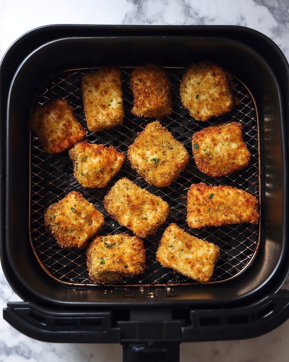 The image shows a metal air fryer basket filled with about a dozen small, golden brown, crispy breaded pieces. Each piece is irregular in shape and evenly spaced on the black metal mesh inside the air fryer basket. The coating looks crunchy with a mix of light and dark golden colors and small green herb bits. The background below the air fryer is a white marbled surface. Photo taken with an iphone --ar 4:5 --v 7