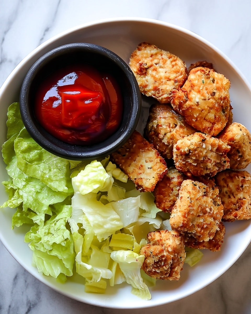 A white bowl on a white marbled surface holds about ten golden brown, crispy square nuggets stacked slightly on top of each other, showing a crunchy texture with small herbs visible on the coating. On the left side inside the bowl, there is a small black round cup filled with bright red ketchup. Just below the cup, fresh light green lettuce pieces are arranged, adding a soft contrast to the crunchy nuggets. The scene is bright and clear, showing all details well, photo taken with an iphone --ar 4:5 --v 7