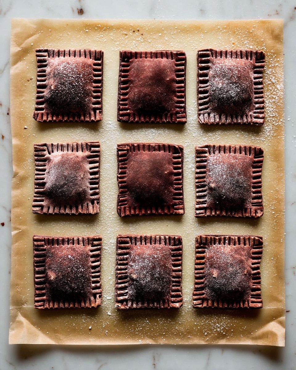 The image shows nine square-shaped chocolate ravioli arranged in a neat grid on a sheet of parchment paper over a white marbled surface. Each ravioli has a dark brown, slightly textured outer dough with edges pressed down with fork marks to seal the filling inside. The top layer of dough is slightly uneven with a light dusting of flour, creating a rustic look. The ravioli are evenly spaced, showing the soft, filled center beneath the thin chocolate dough. photo taken with an iphone --ar 4:5 --v 7