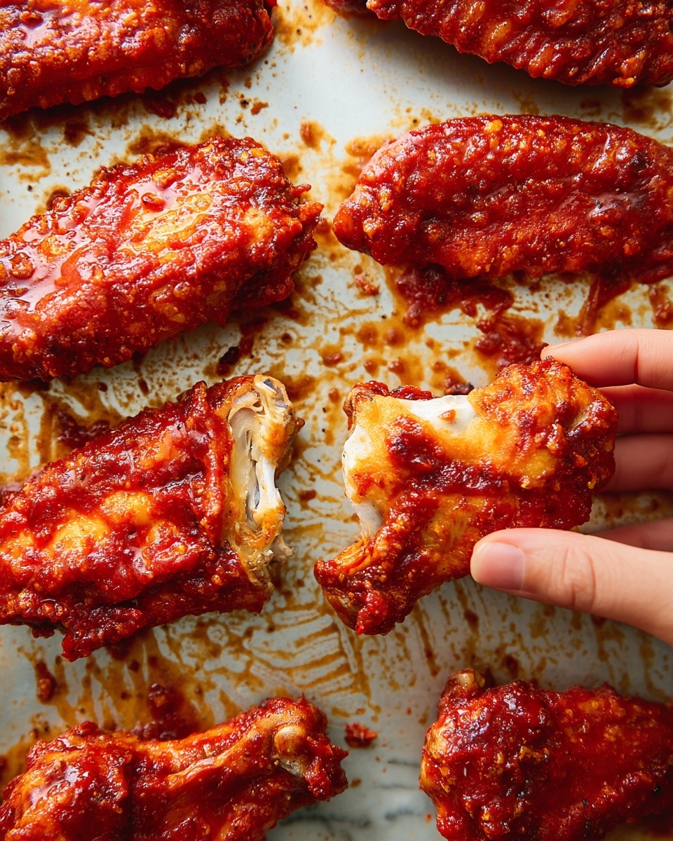 The image shows a baking tray with six pieces of fried chicken coated in a dark reddish sauce, arranged unevenly with some pieces touching and others separated. The chicken pieces have a crispy texture with bits of sauce coating them unevenly, and one piece is held by a woman's hand from the right side of the frame. The surface of the tray is covered in grease and sauce stains, showing clear marks where chicken was moved or taken, with a warm, rich color contrast between the sauce and the slightly browned edges of the crust. The background is a white marbled texture. photo taken with an iphone --ar 4:5 --v 7