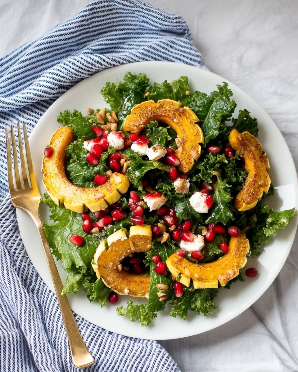 The image shows a white plate filled with a fresh kale salad placed on a white marbled surface with a striped blue cloth beside it. The salad has three main layers: at the bottom is a bed of green curly kale leaves with a rough texture. On top of this, there are several pieces of roasted golden yellow squash with slightly browned edges and soft texture. Scattered on the top layer are small, bright red pomegranate seeds that add a shiny, jewel-like look. There are also small white dollops of creamy cheese dotted across the salad. A gold fork rests on the left side of the plate. The photo taken with an iphone --ar 4:5 --v 7