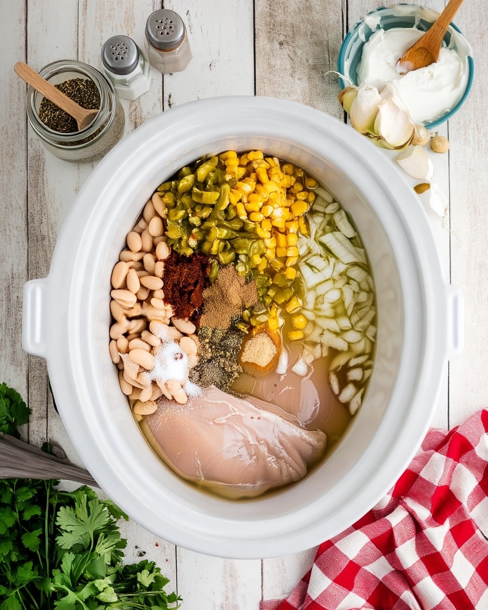 A white oval slow cooker bowl sits on a white marbled surface, filled with several colorful layers arranged side by side. At the bottom left, there is a layer of light beige beans, some sprinkled with white salt. Above the beans is a dark red spice powder next to a few green chopped peppers. Beside the peppers is a small pile of green dried herbs and spices, followed by a light brown powder and some chopped white onions sitting in liquid on the far right. On the bottom right side, there is a large raw piece of pale pink chicken. Around the slow cooker are some kitchen items, including a jar of dried herbs, salt and pepper shakers, fresh green cilantro, a white bowl of thick white cream, and a red and white checked cloth. Photo taken with an iphone --ar 4:5 --v 7